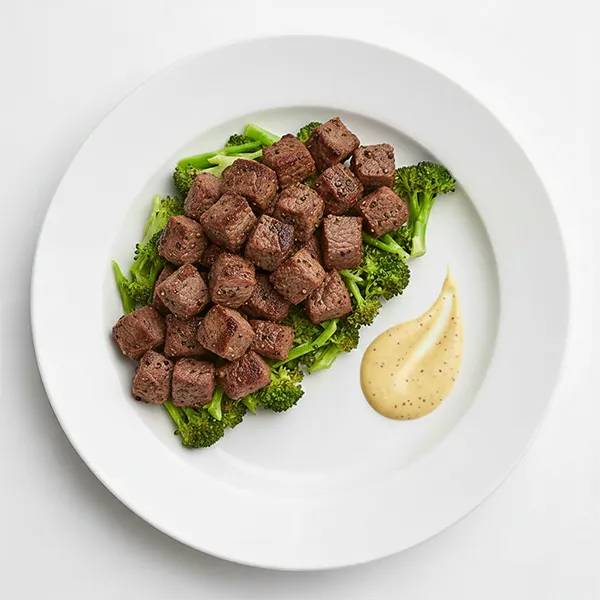 Peppery Glazed Beef with Shredded Broccoli and Mustard Cream Sauce